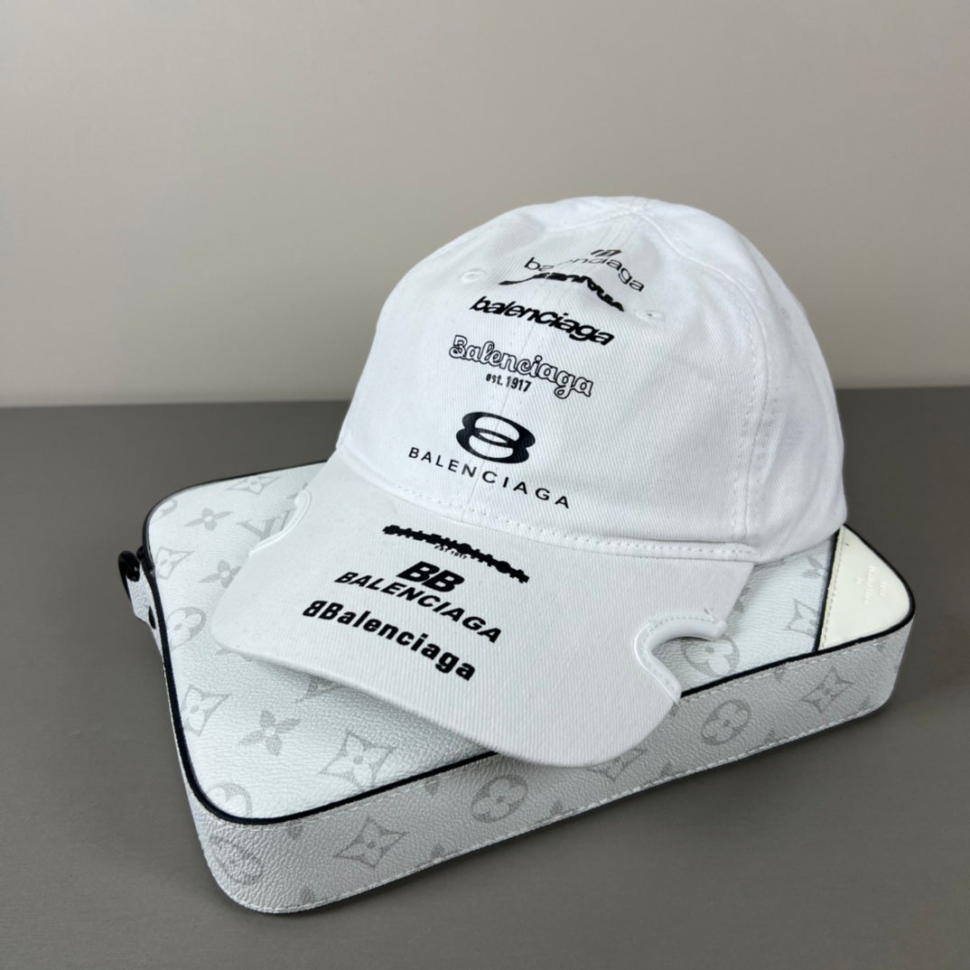 White cotton multi‑logo embroidery cap with sculpted brim
