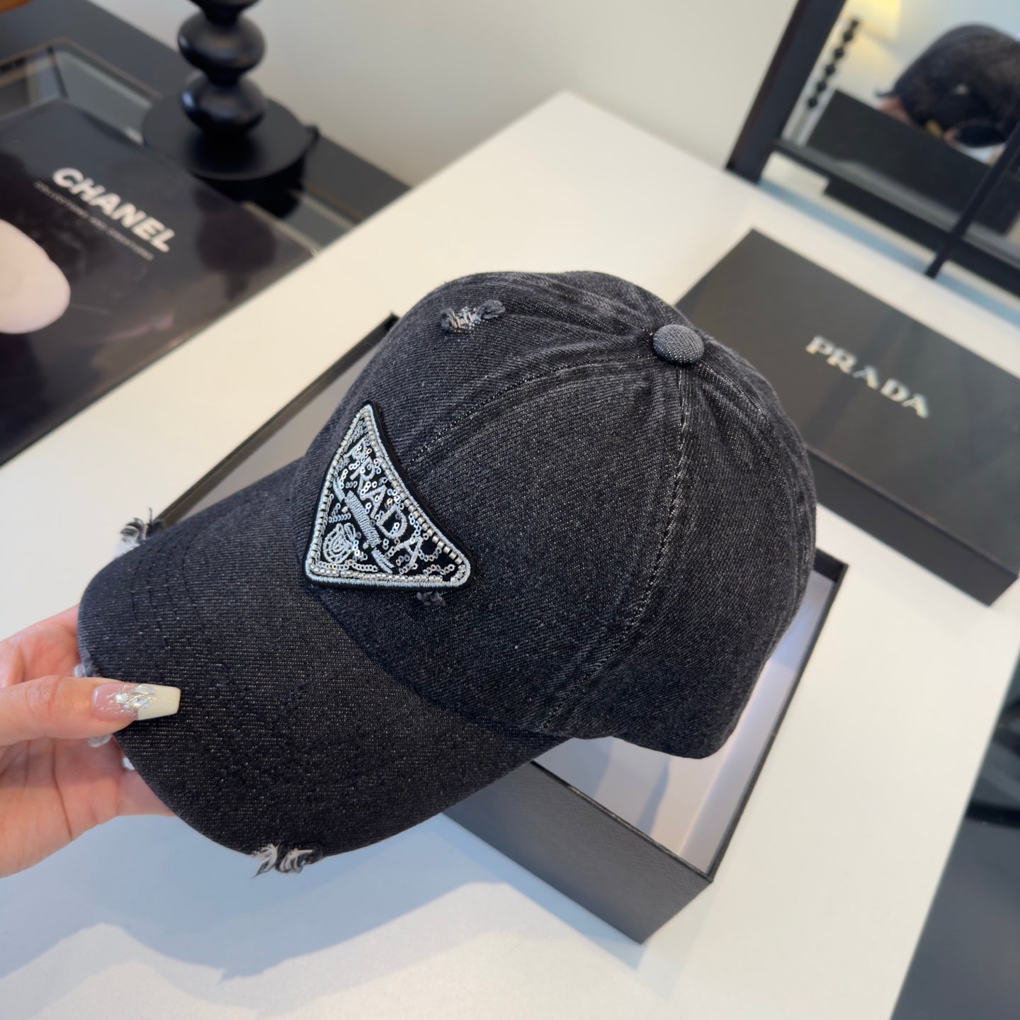 Embellished Denim Baseball Cap - Adjustable Distressed Streetwear