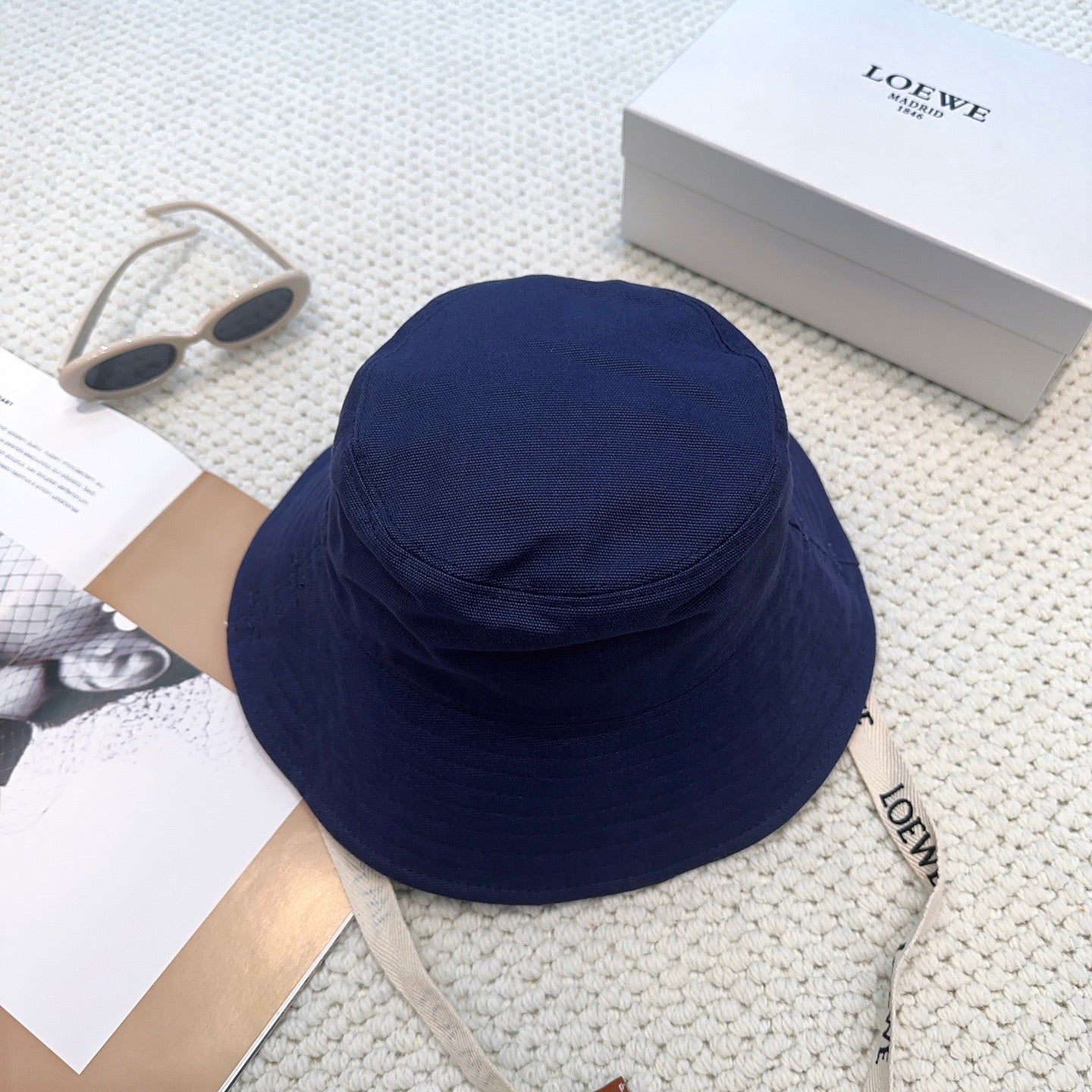 Navy Canvas Bucket Hat with Patch and Adjustable Strap