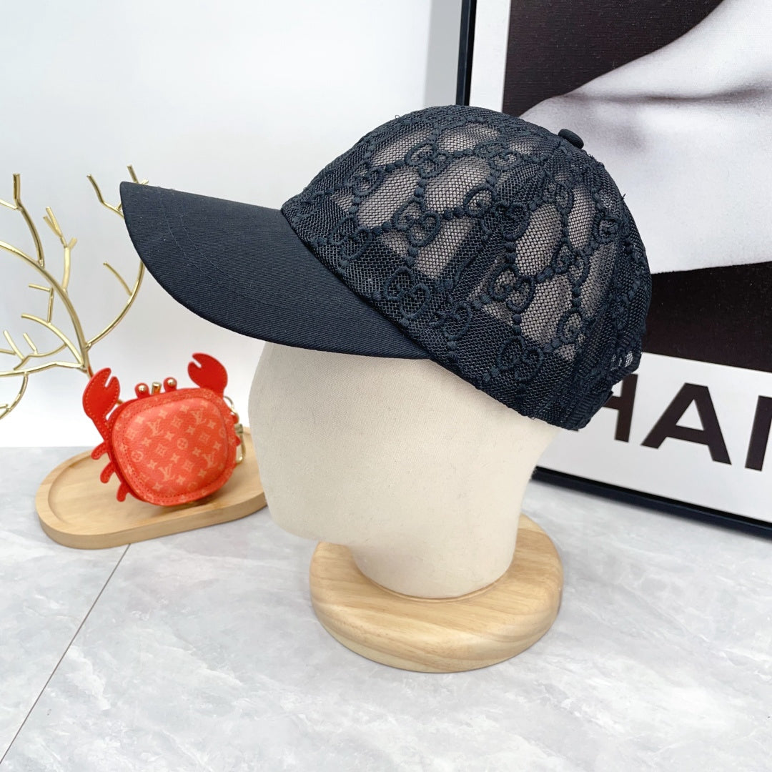 Black monogram lace baseball cap with curved brim