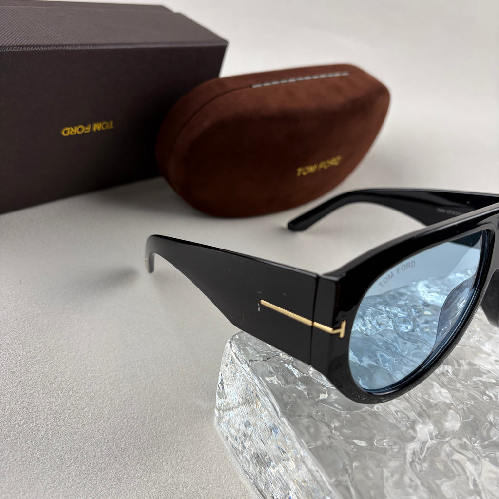 Modern Oversized Aviator Sunglasses, Glossy Black Frame & Blue Lens