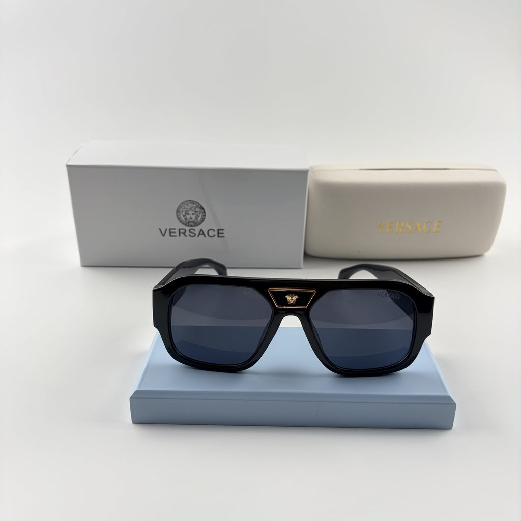 Premium Oversized Aviator Sunglasses - Gold Medusa Accent Black Frame
