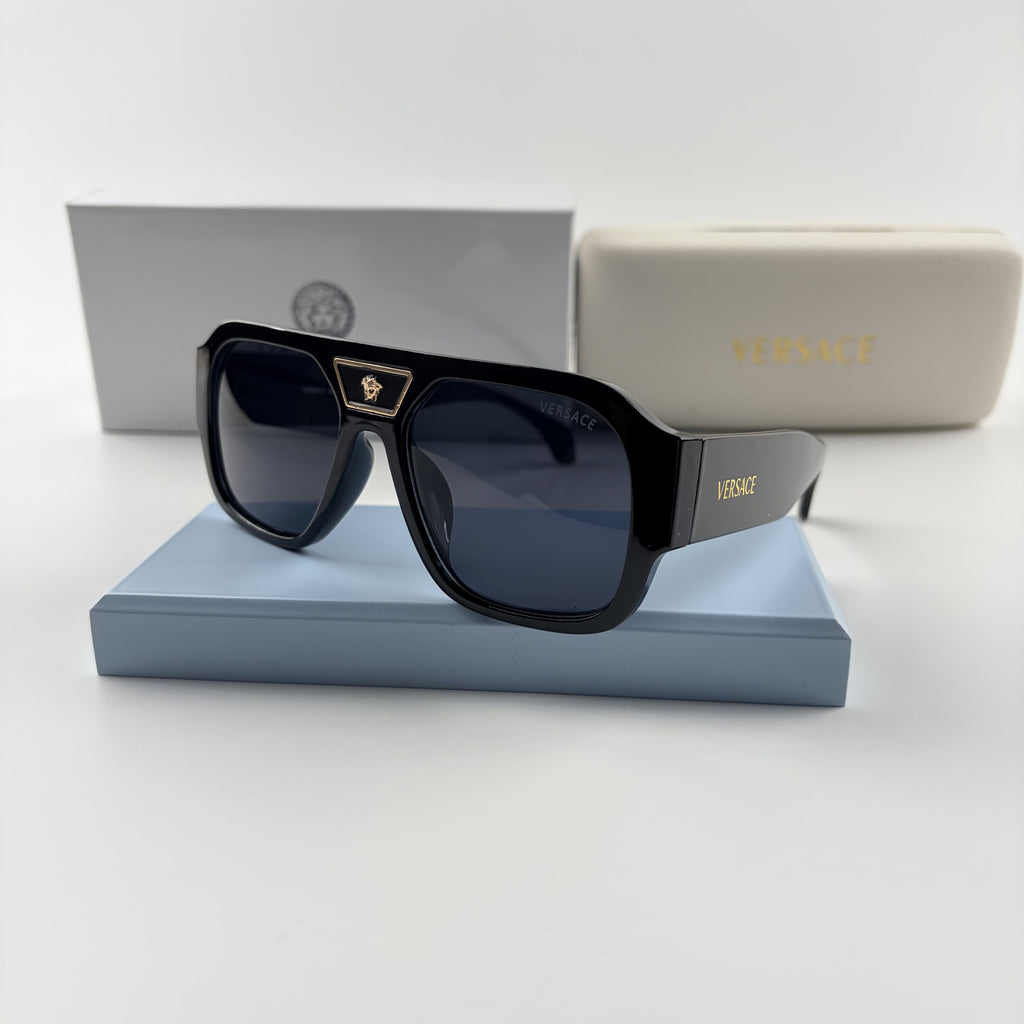 Premium Oversized Aviator Sunglasses - Gold Medusa Accent Black Frame