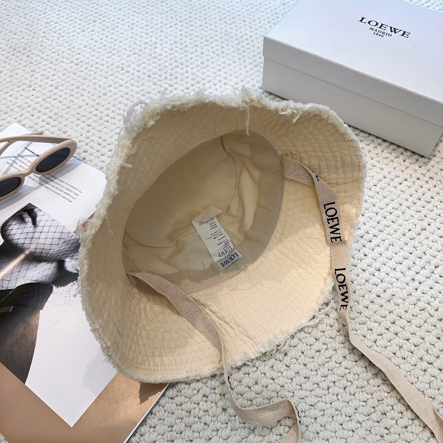 Ivory Quilted Bucket Hat with Frayed Brim and Woven Chin Strap