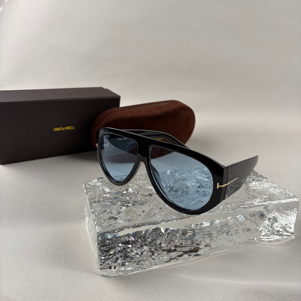 Modern Oversized Aviator Sunglasses, Glossy Black Frame & Blue Lens