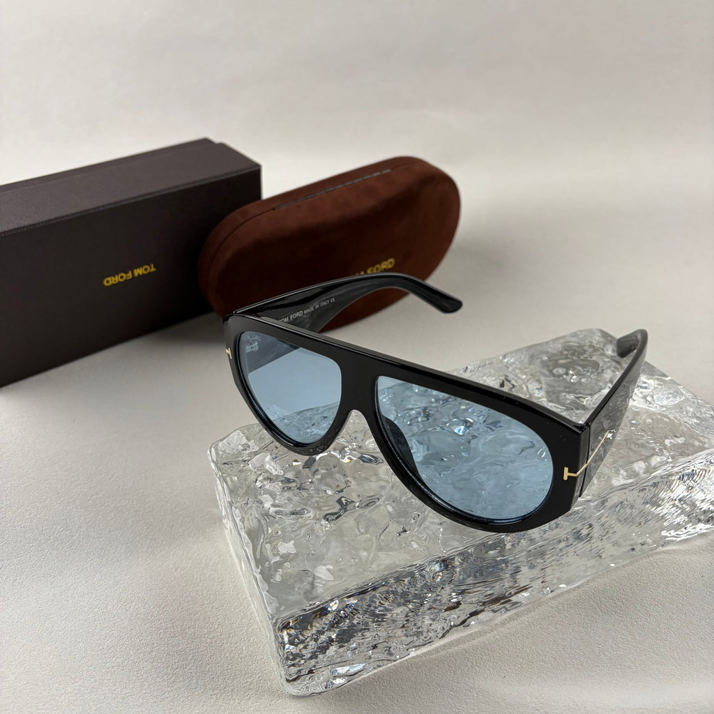 Modern Oversized Aviator Sunglasses, Glossy Black Frame & Blue Lens