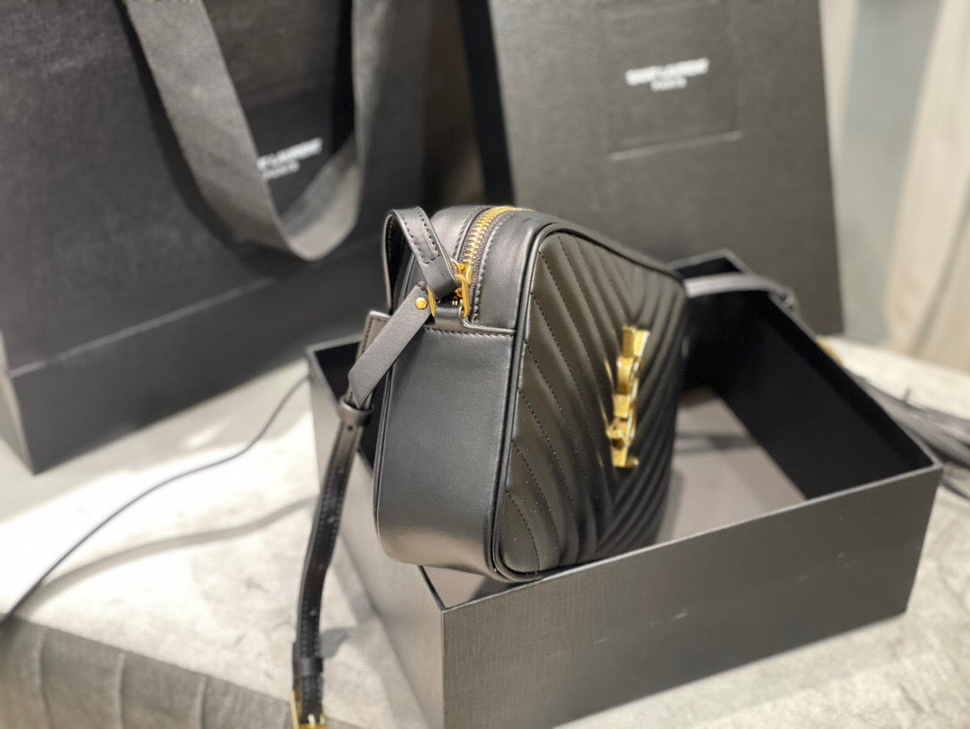 Quilted Leather Camera Bag with Gold-Tone Accents