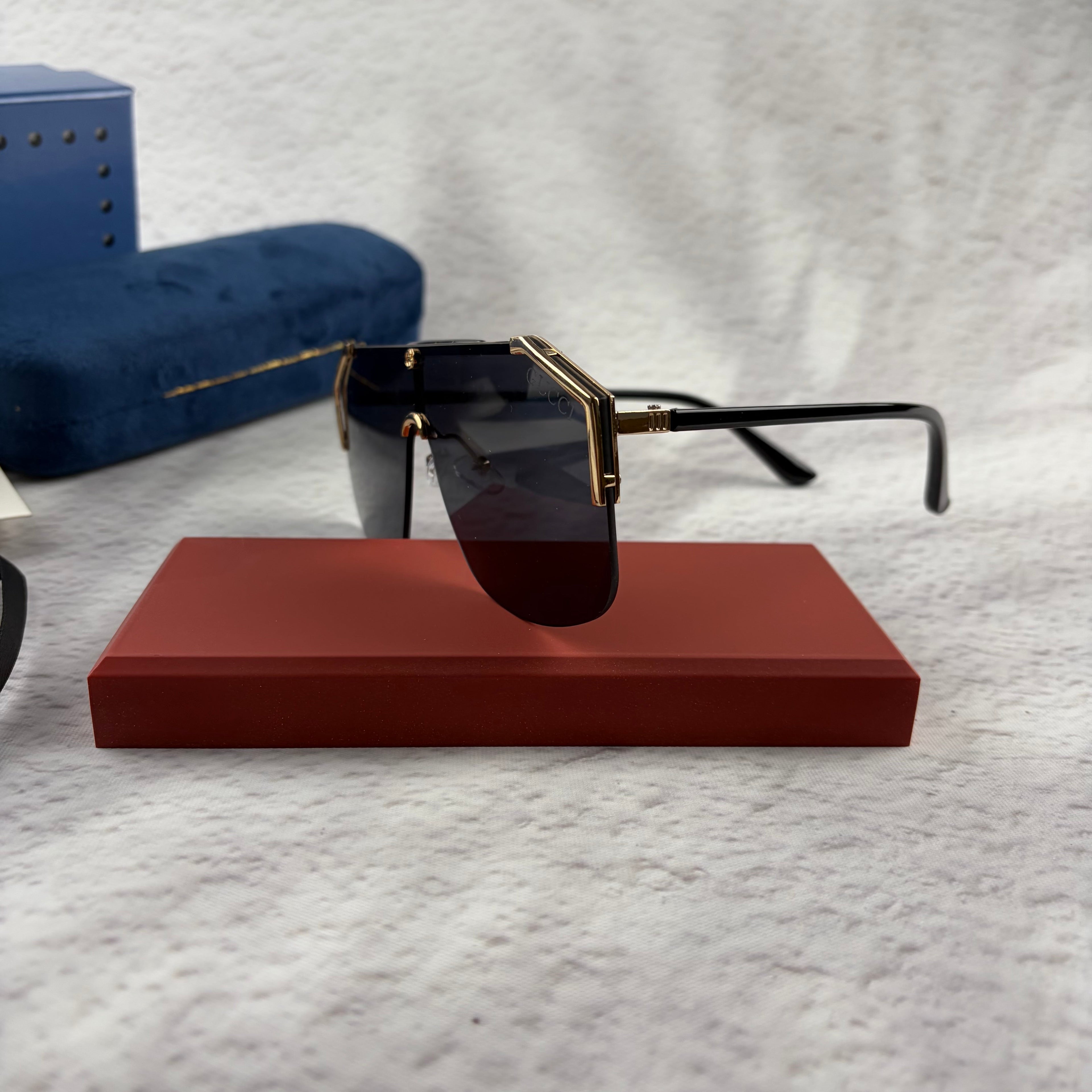 Oversized Shield Sunglasses - Gold Metal Frame & Black Lens