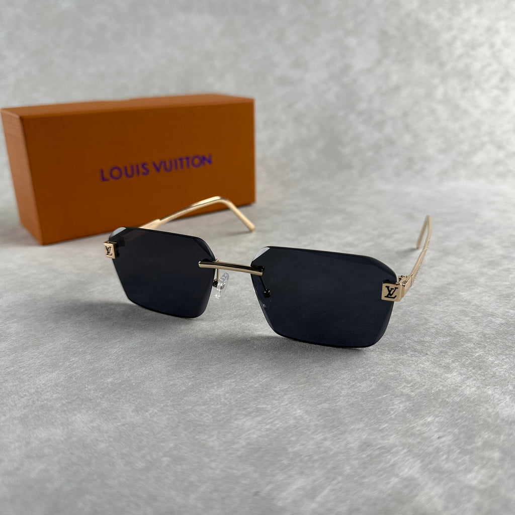 Classic L V Sunglasses Black Lens Gold Frame Rounded Rectangle Shades Unisex