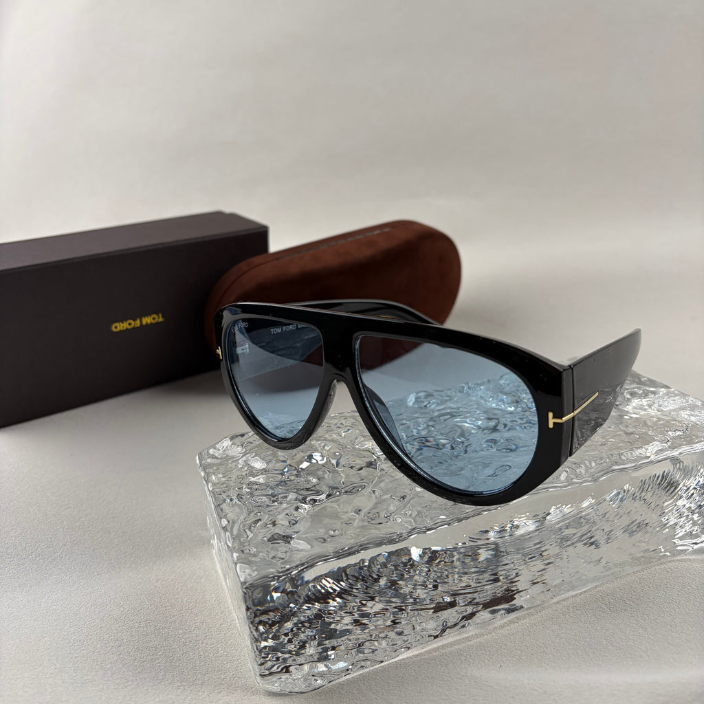 Modern Oversized Aviator Sunglasses, Glossy Black Frame & Blue Lens