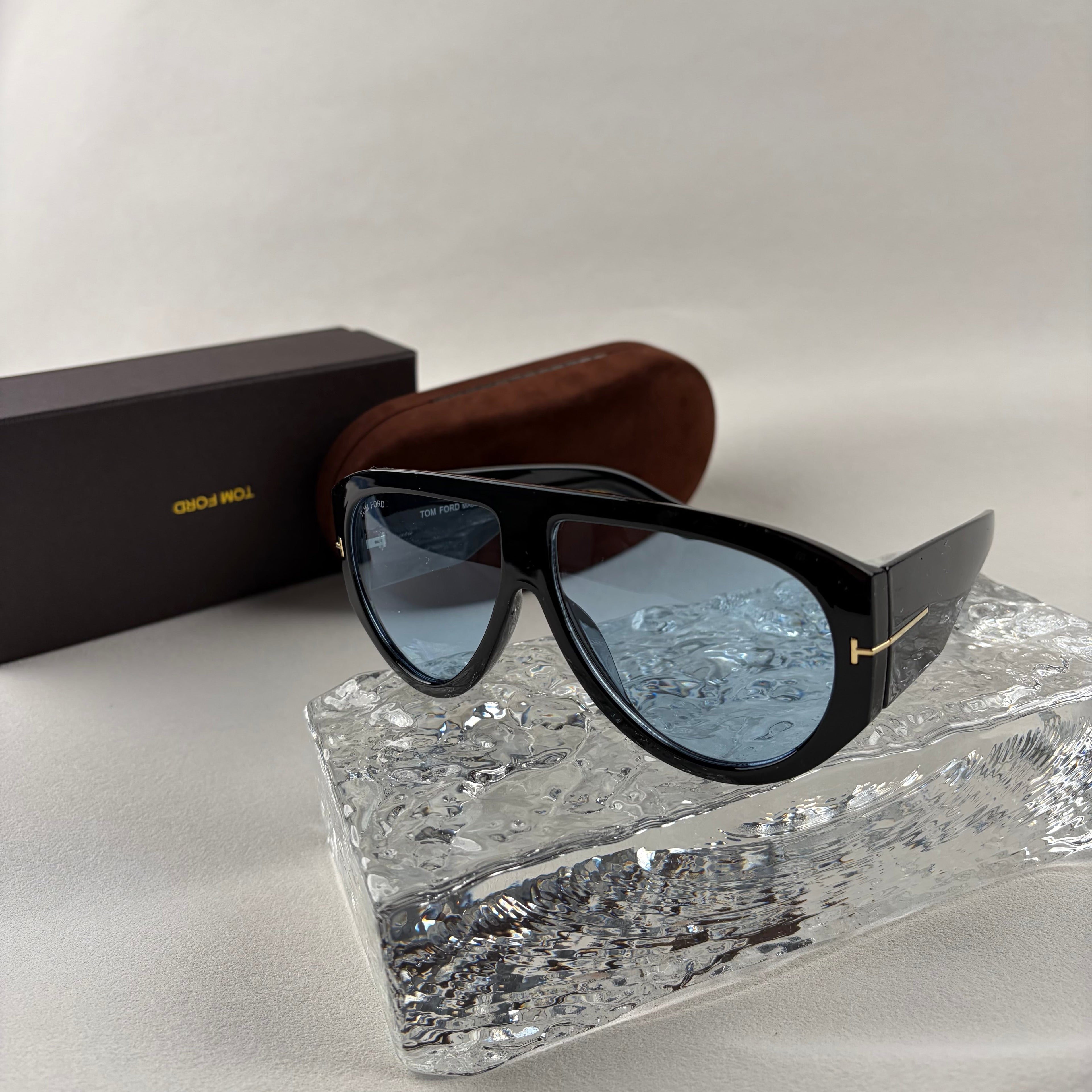 Modern Oversized Aviator Sunglasses, Glossy Black Frame & Blue Lens