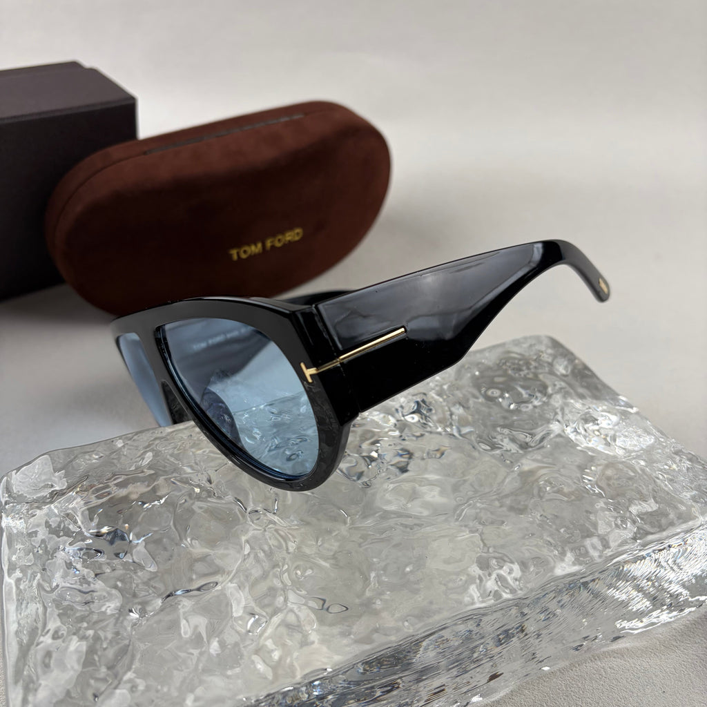 Modern Oversized Aviator Sunglasses, Glossy Black Frame & Blue Lens