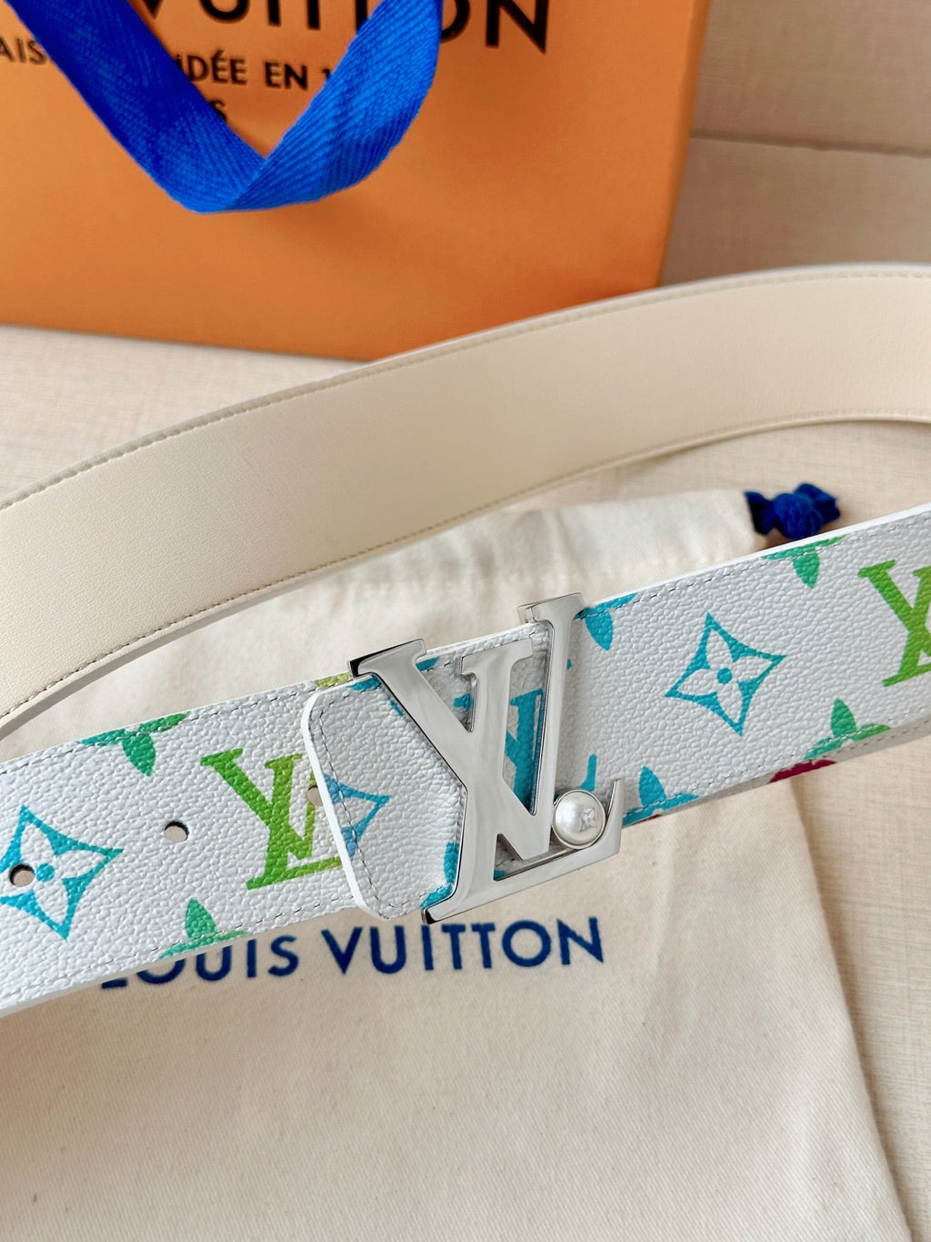 Colorful Monogram Pattern Leather Belt with Silver Buckle