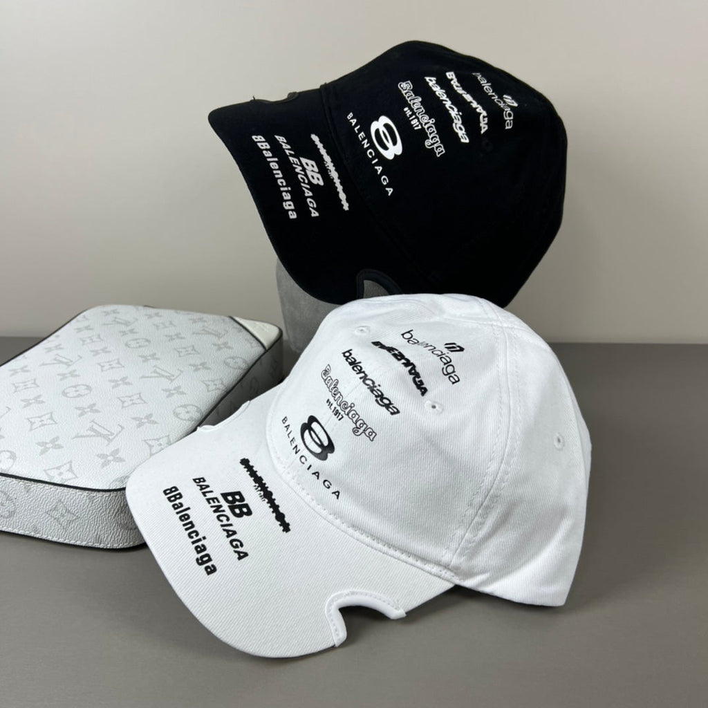 Black cotton multi‑logo embroidery cap with sculpted brim