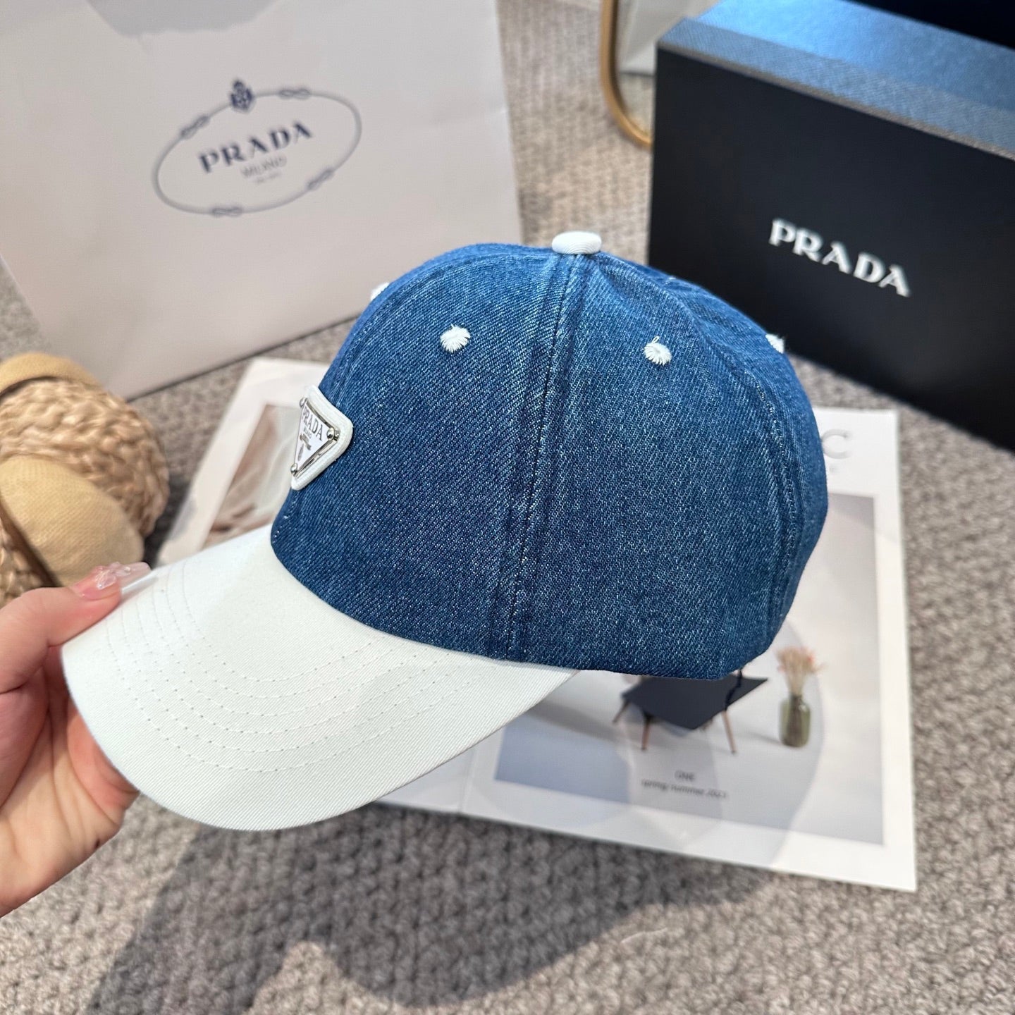 Two-Tone Denim Baseball Cap with Signature Geometric Logo Patch