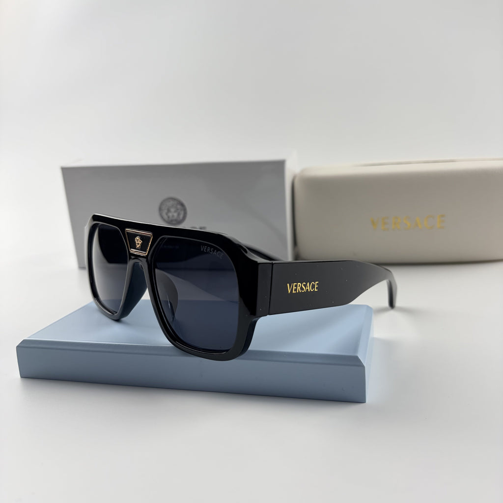 Premium Oversized Aviator Sunglasses - Gold Medusa Accent Black Frame