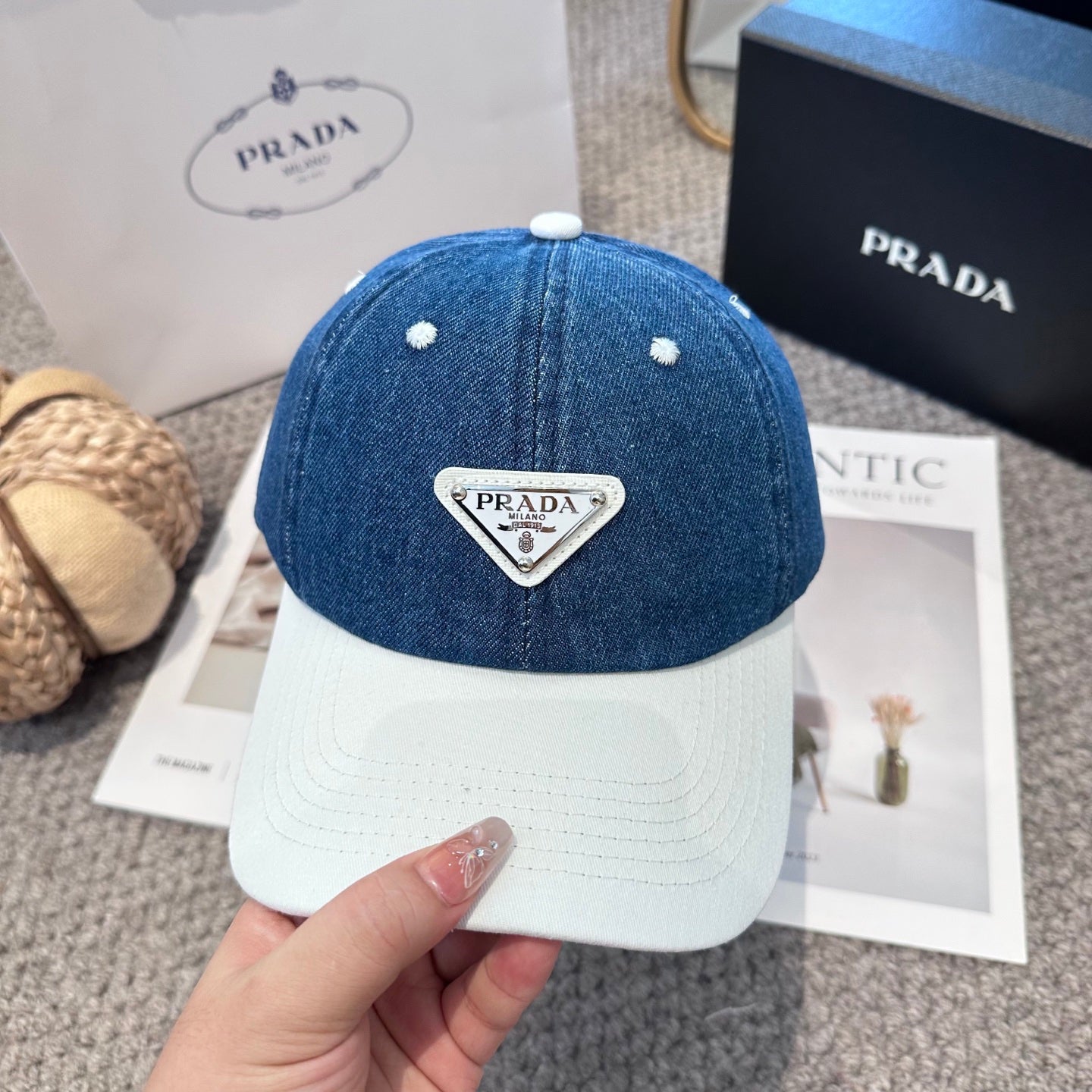Two-Tone Denim Baseball Cap with Signature Geometric Logo Patch