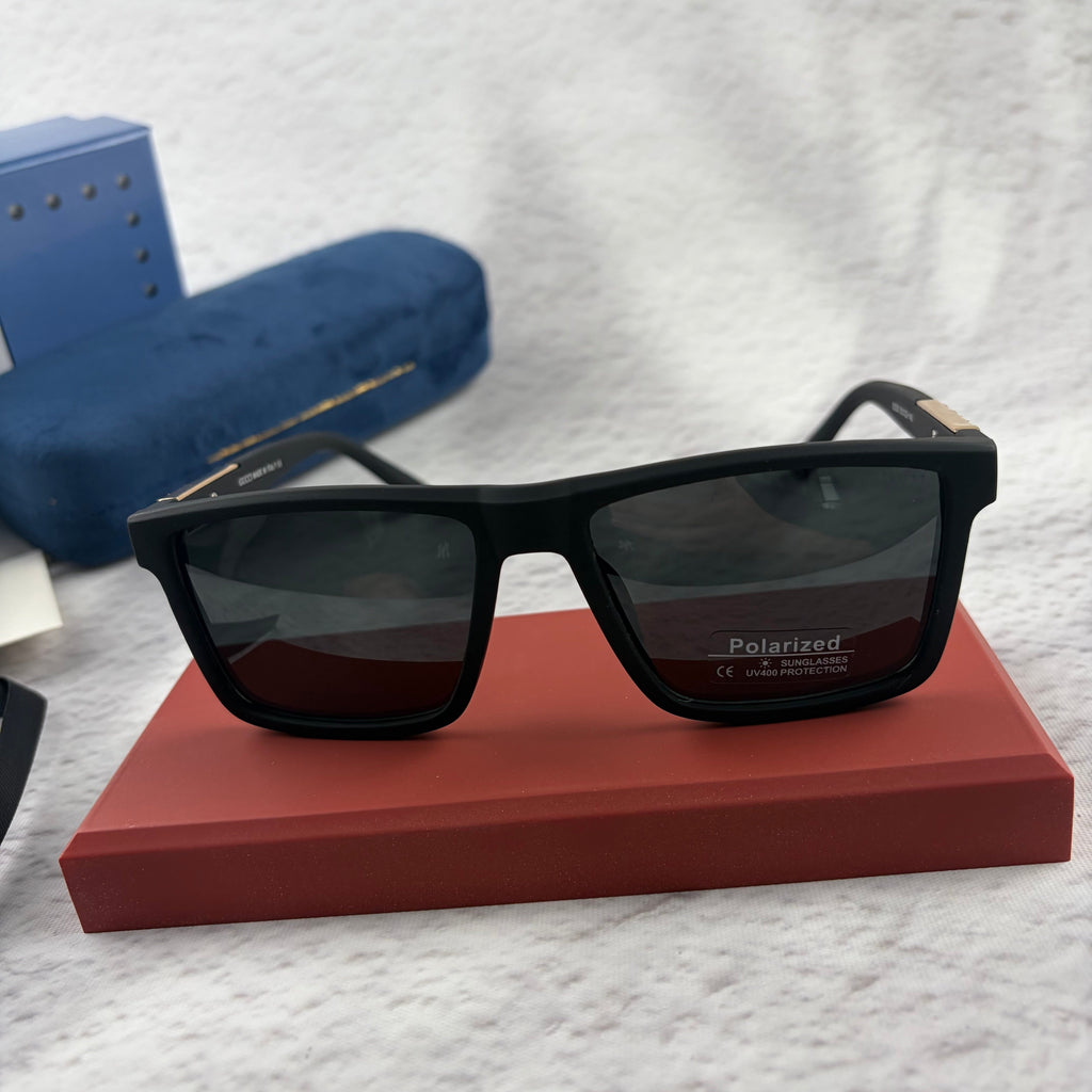 Classic Matte Black Polarized Sunglasses with Gold Accent Temples
