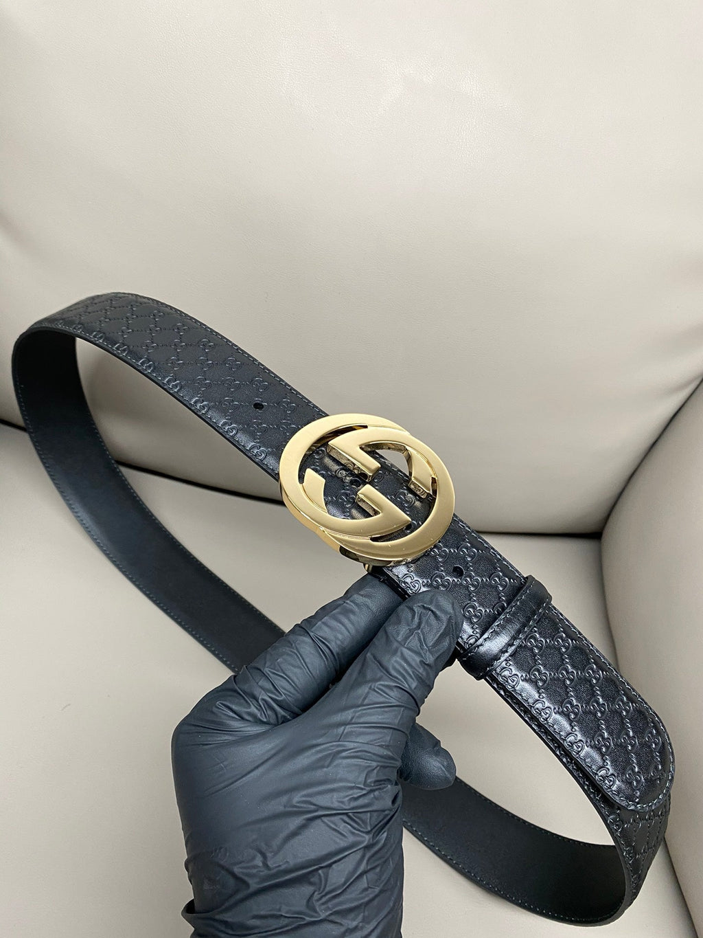 Sleek Black Leather Belt – Gold Statement Buckle & Monogram Embossed Texture | 4cm Width