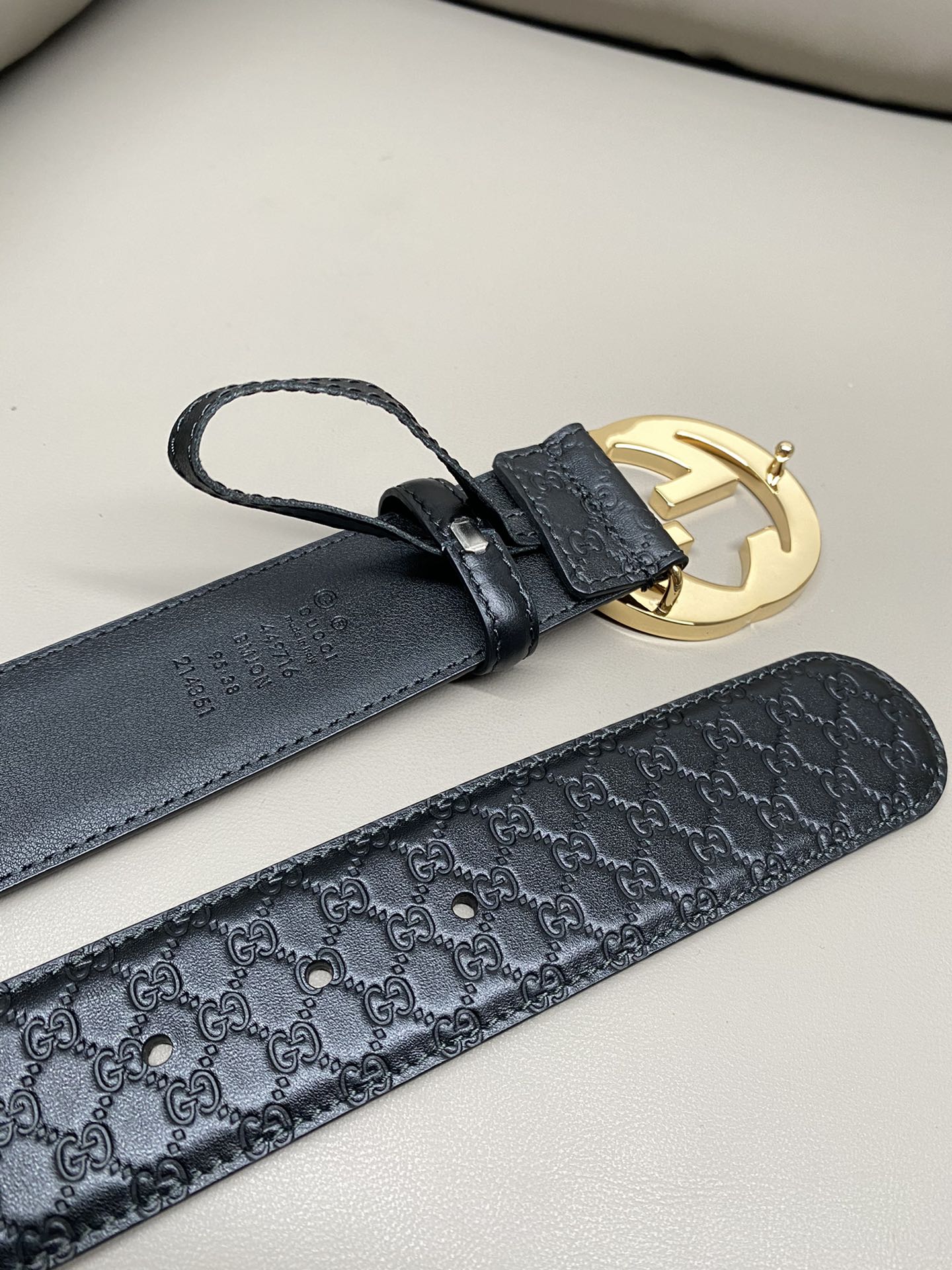 Sleek Black Leather Belt – Gold Statement Buckle & Monogram Embossed Texture | 4cm Width