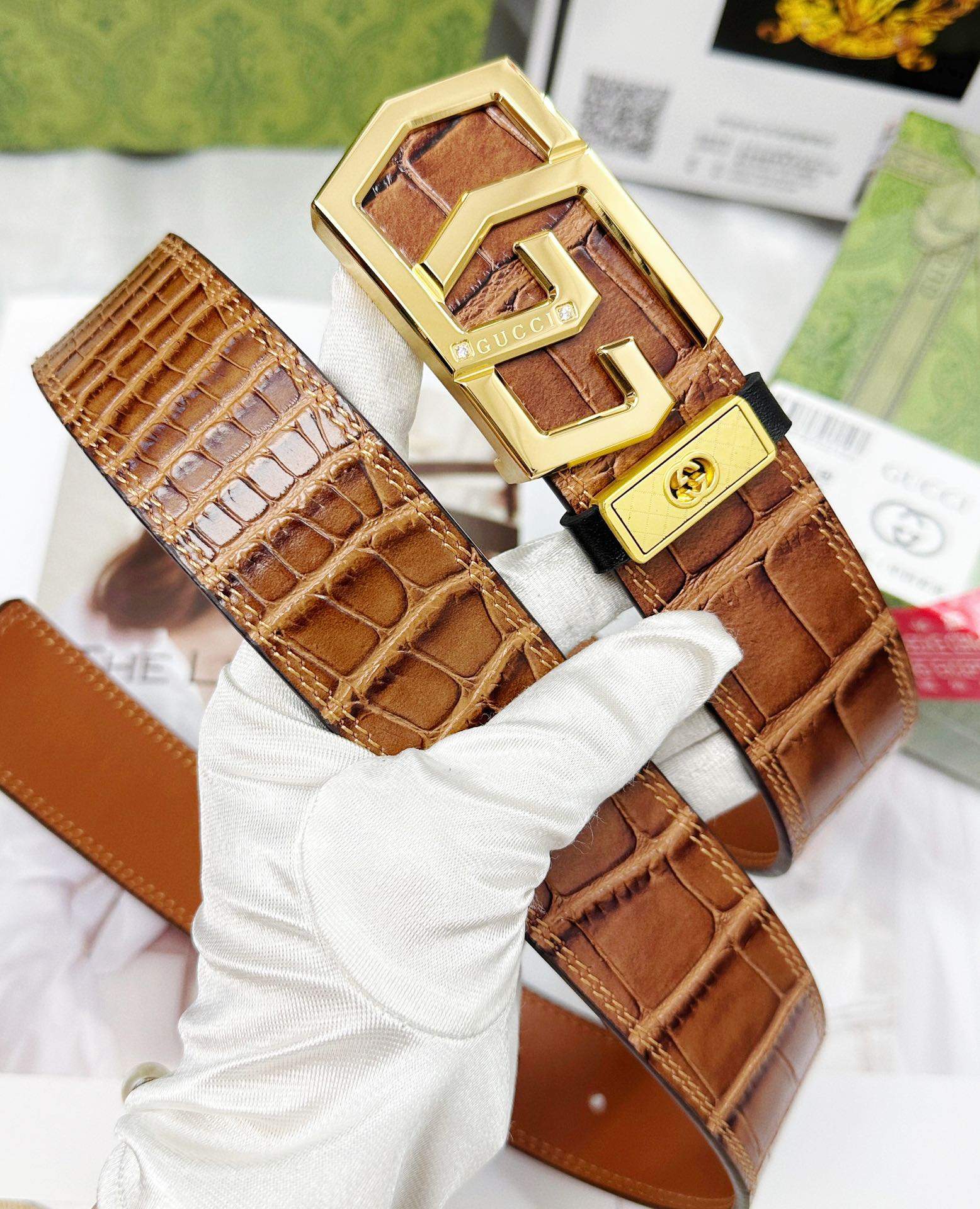 Croc-Embossed Leather Belt – Gold Geometric Buckle | Premium Men's Belt