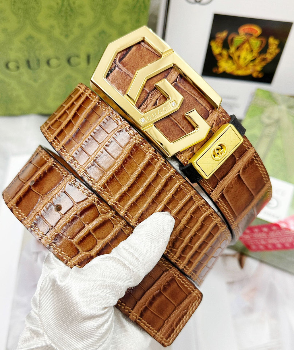 Croc-Embossed Leather Belt – Gold Geometric Buckle | Premium Men's Belt