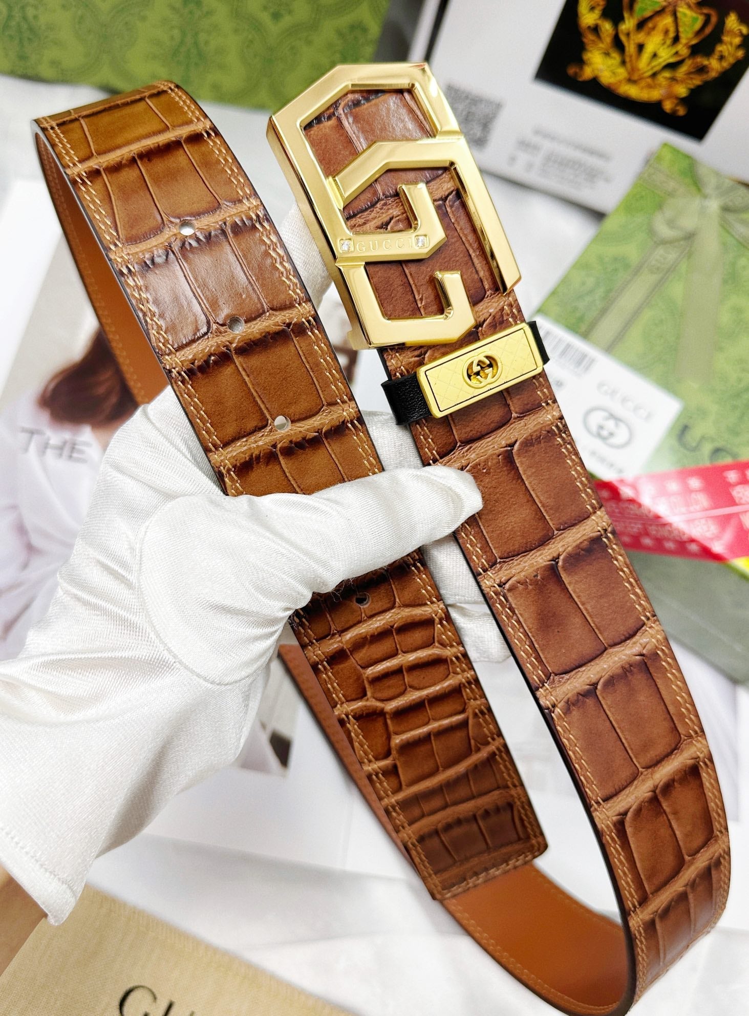 Croc-Embossed Leather Belt – Gold Geometric Buckle | Premium Men's Belt