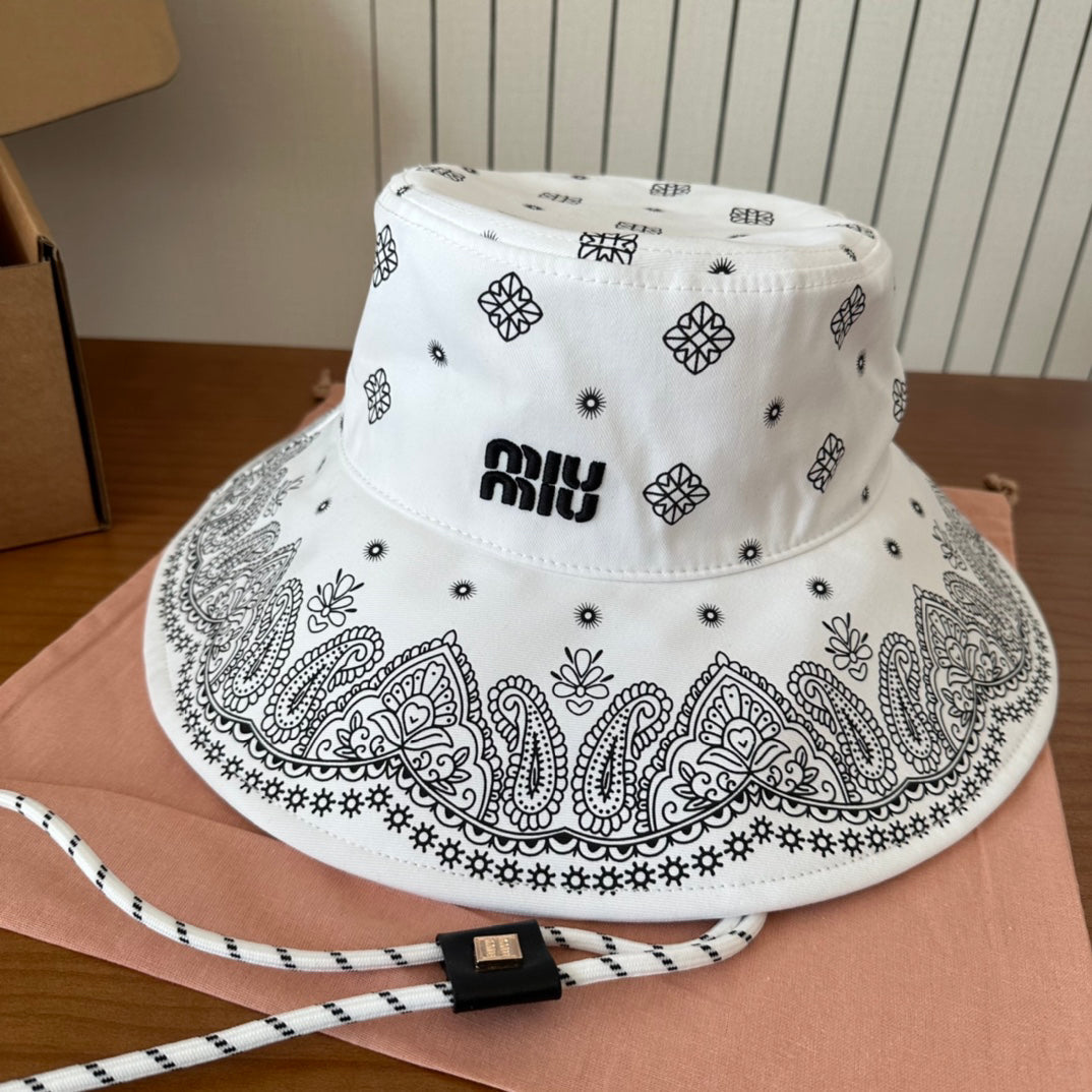 Paisley Print Wide Brim Bucket Hat with Chin Cord